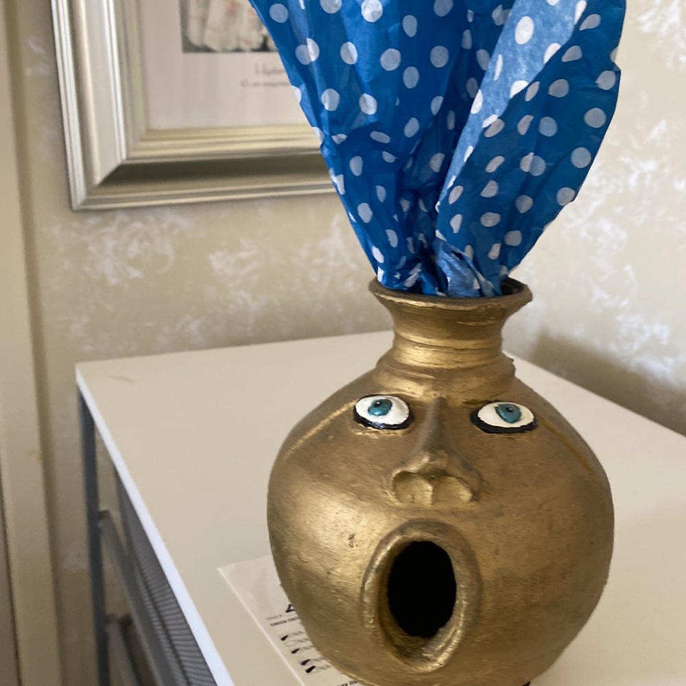 Unique fun hand painted clay face vase decor 6.5” high by 6” wide